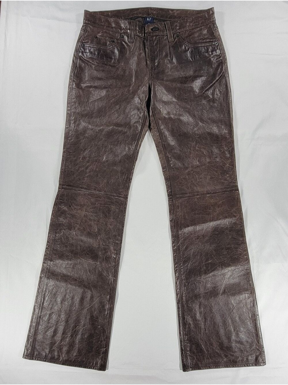 Gap Leather Boot Cut Pants Brown Patina Distressed Women 8 Vintage Y2K 90s Biker